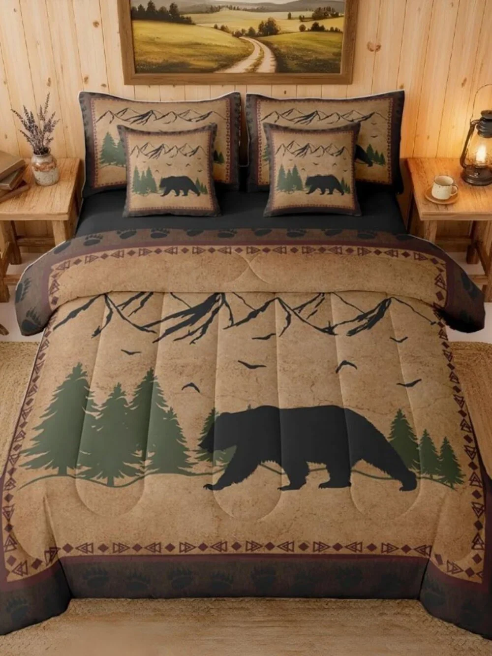 7 Pcs Bear Comforter Set King, Rustic Lodge Theme Bedding Sets for Kids Boys Tee